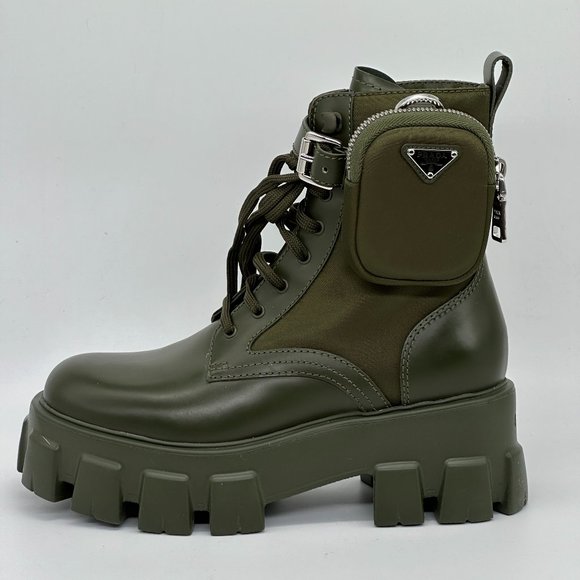 PRADA Monolith Leather Nylon Lug Sole Combat Hiking Boots Zip Pouch